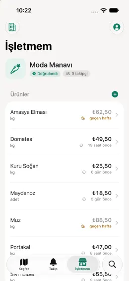 İşletmem ekranı: doğrulanmış bir manav, ürünleri ve fiyatları